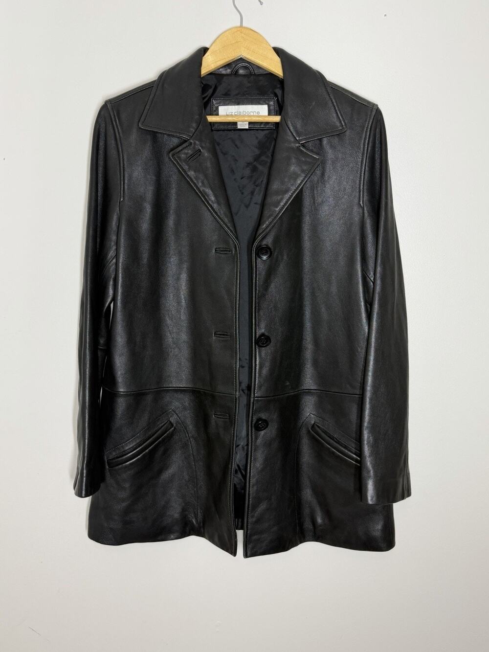 Liz Claiborne Leather Jacket Womens Medium Black Relaxed Minimalist Boxy Soft
